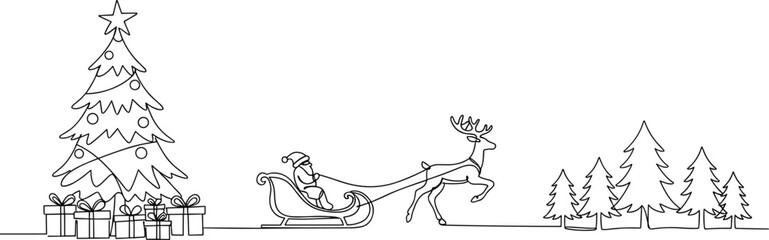 Christmas line art illustration, Santa sleigh with reindeer, decorated tree, holiday gifts, winter forest scene, festive outline drawing, seasonal vector design