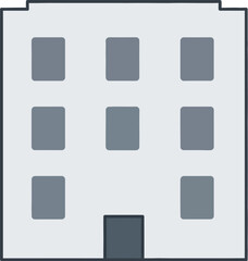 A simple gray building with nine windows and a door on a white background in a cartoon style image