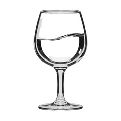 A pristine, transparent stemmed glass, partially filled with a clear, still liquid, stands isolated against a dark background, showcasing its elegant form and subtle light.
