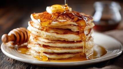 Honey drizzled stacked pancakes