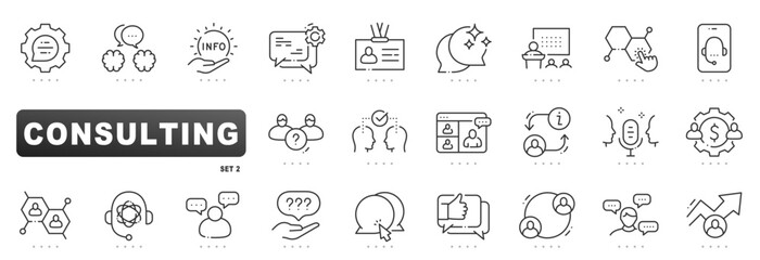 Consulting icon set illustrating business strategy, communication, teamwork, coaching, webinar, support, analysis, workflow, ROI, growth, outline, editable stroke, management vector
