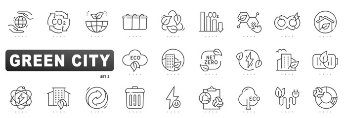 Green city line icons for sustainability, net zero, renewable energy, recycling, efficiency, eco buildings, smart grid, battery storage, editable stroke © tutti_frutti