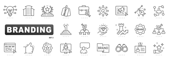Branding line icons covering logo identity, strategy, marketing, advertising, target audience, campaign launch, loyalty, reputation, awards; clean outline, editable stroke