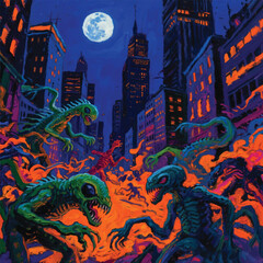 Vector Illustration Monster Invasion City at Night Background