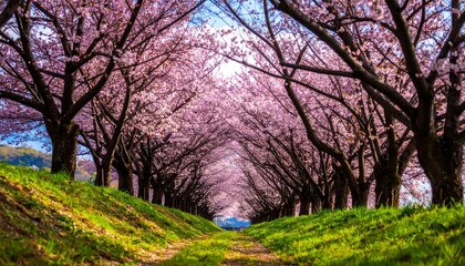 Cherry Blossom Tunnel A Pathway of Pink Flowers in Springtime.