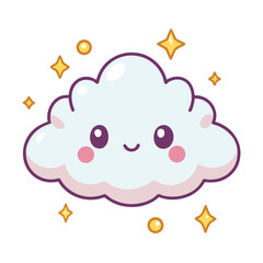 Cute kawaii cloud character with sparkling stars and circles on white background
