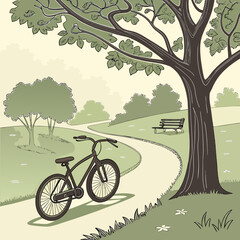 Naklejka premium A bicycle parked on a path in a park with a bench and large tree casting a shadow during the daytime