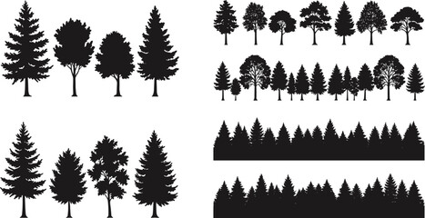 Collection of tree silhouettes, forest landscape, pine and deciduous trees, nature illustration, woodland scene, black and white vector design