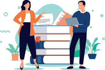 Two people studying - Adult man and woman students taking education standing in front of school books ready for lecture or course. Flat design vector illustration on white background