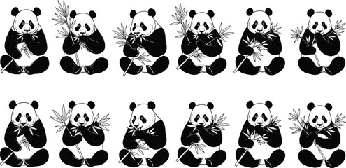 Cute panda sitting with bamboo illustrations, black and white animal vector, bamboo eating panda graphics, wildlife nature art, isolated panda design set, cartoon style © MD. NUR ISLAM