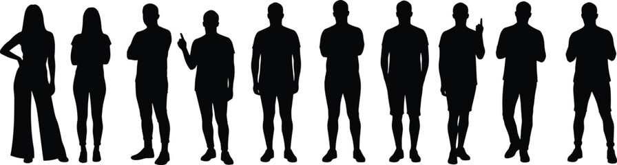 Group of diverse people silhouettes standing in different poses, male and female figures, casual clothing, team, unity, diversity, social group vector illustration