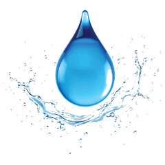 Fototapeta premium A dynamic blue water drop with a wavelike splash isolated on white background, symbolizing freshness and purity of water