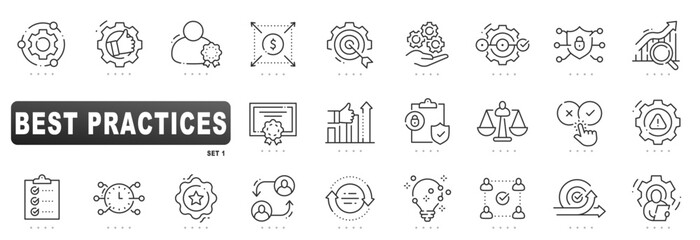 Best practices outline icons for standards, compliance, quality, workflow optimization, security, audit, checklist, certification, teamwork, strategy; clean vector, editable stroke
