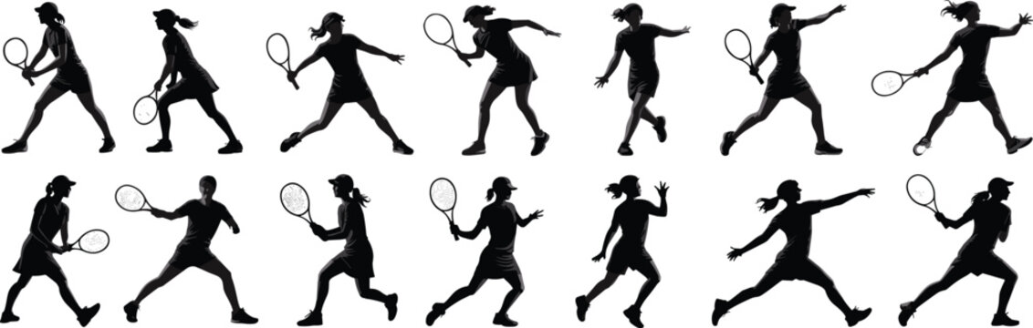 Female tennis player silhouette vector set, dynamic sport action poses, tennis racket movements, athletic woman illustrations, fitness training, tennis match gameplay icons