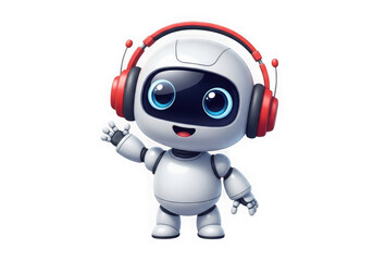 Cute cartoon robot with headphones waving hello isolated on transparent background