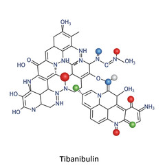 A detailed two-dimensional representation of the complex organic chemical compound Tibanibulin, showcasing its intricate molecular structure with various atoms and bonds.