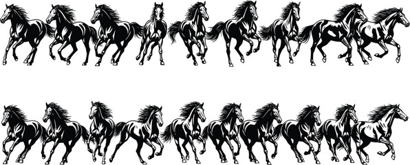 Galloping horse silhouette vector set, wild mustang animal illustration, running stallion motion poses, black graphic clipart for equine design elements