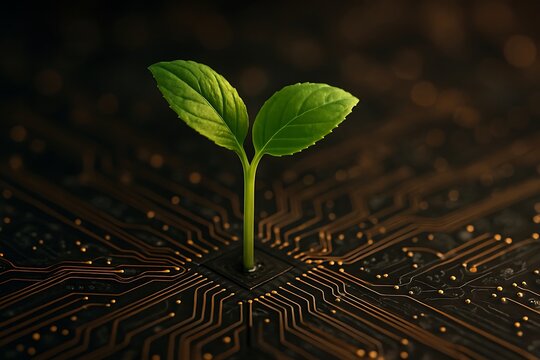 Green sprout emerges from a complex electronic circuit board symbolizing technology and nature s growth - Powered by Adobe