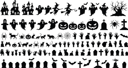 Halloween silhouette bundle, haunted house, ghost icon, witch figure, pumpkin face, spooky bat, eerie cat, graveyard scene, festive clipart, vector design