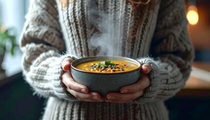 Cozy Comfort: Hands in a Chunky Knit Sweater Holding a Steaming Bowl of Hearty Soup.