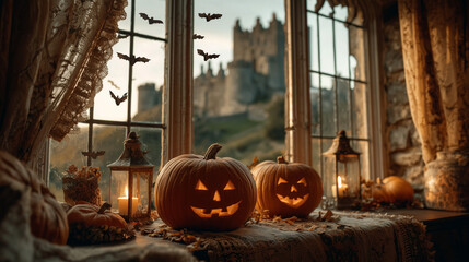 Fototapeta premium Halloween pumpkins and bats decorating a window with castle view