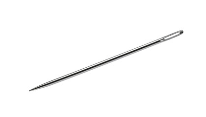 Shiny silver steel sewing needle  with  sharp pointed tip, a single isolated  on a white background