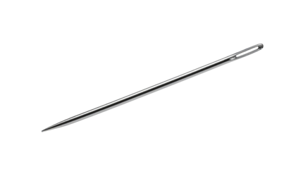 Shiny silver steel sewing needle  with  sharp pointed tip, a single isolated  on a white background