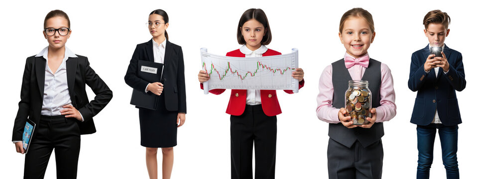 Group of children dressed in business attire representing finance, banking, and corporate professions - Powered by Adobe