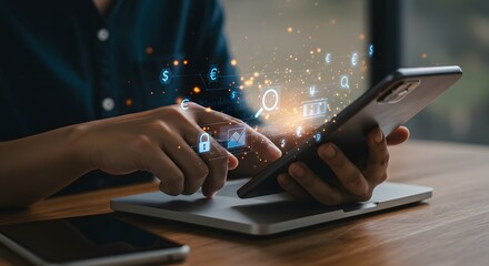 Digital Finance and Investment: Person Using Smartphone with Financial Data Overlay