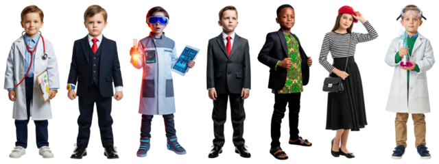 Group of children dressed in various professional and cultural outfits including doctor, businessman, scientist, executive, traditional attire, fashion model, and chemist