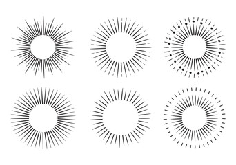 Six unique sunburst vector illustrations perfect for adding a vintage or retro touch to your designs