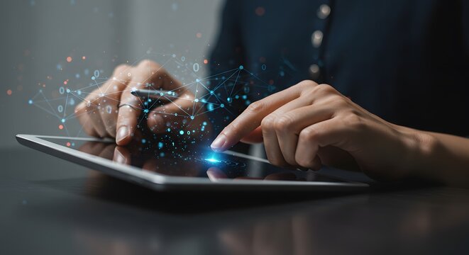 Digital Transformation: Woman Using Tablet with Futuristic Network Overlay