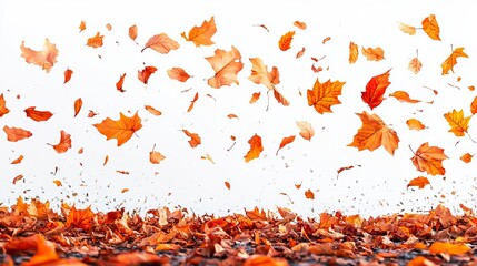 Falling autumn leaves against a white background; a pile of leaves rests at the bottom (1)