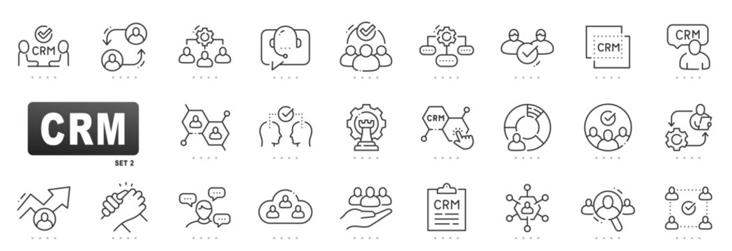 CRM line icons for customer relationship management, sales pipeline, marketing automation, analytics dashboards, support, retention, teamwork, approval, growth; editable stroke