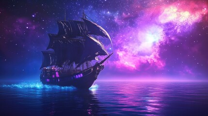 black galleon sails on calm sea under breathtaking starry sky filled with vibrant purple and pink nebulae. A scene of magical serenity.