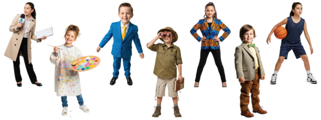 Group of children dressed as various professionals including news reporter, painter, businessman, explorer, fashion model, vintage professor, and basketball player