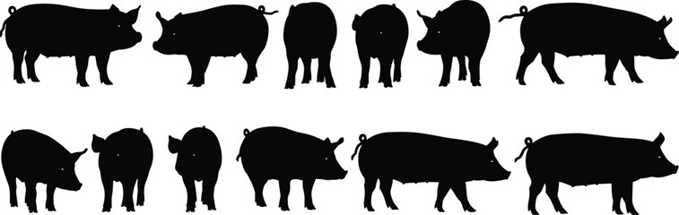 Pig silhouette vector set, farm animal icons, black pig illustrations, livestock symbols collection, pig farming design elements, farm animals vector art