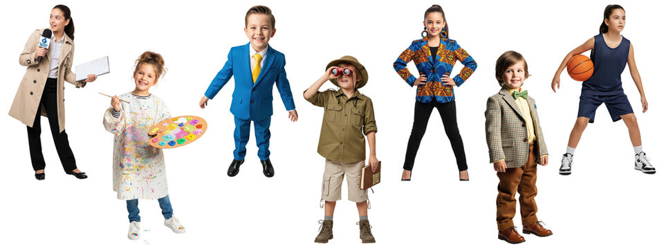 Group of children dressed as various professionals including news reporter, painter, businessman, explorer, fashion model, vintage professor, and basketball player
