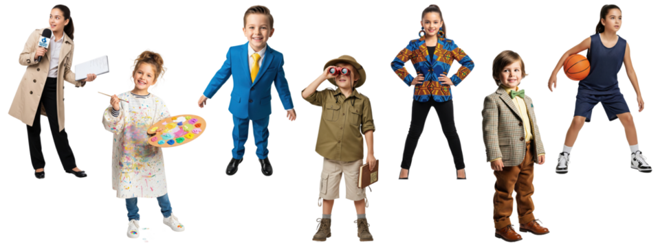 Group of children dressed as various professionals including news reporter, painter, businessman, explorer, fashion model, vintage professor, and basketball player