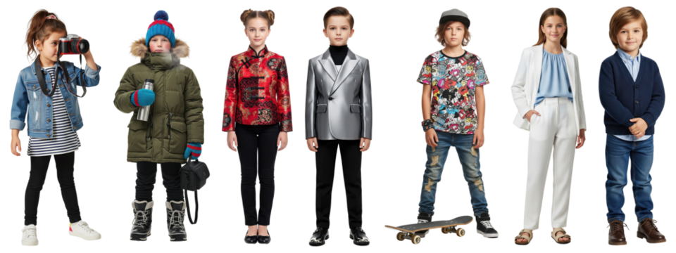 Group of children in diverse outfits representing photographer, winter traveler, traditional attire, futuristic fashion, skateboarder, businesswoman, and casual style