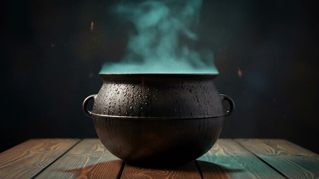 Steaming cauldron with magical vapors and sparks on a wooden table creates a spooky Halloween atmosphere for mystical or fantasy themed projects.