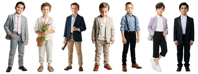 Group of boys dressed in stylish formal and semi-formal outfits, including suits, blazers, suspenders, and casual smart wear, holding props like flowers and sunglasses