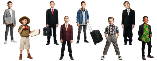 Group of boys in various outfits including business suits, casual wear, explorer costume, and travel attire with props like a laptop, briefcase, suitcase, and binoculars