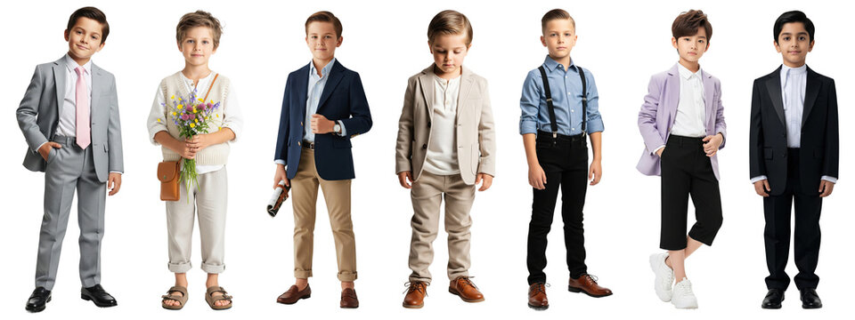 Group of boys dressed in stylish formal and semi-formal outfits, including suits, blazers, suspenders, and casual smart wear, holding props like flowers and sunglasses