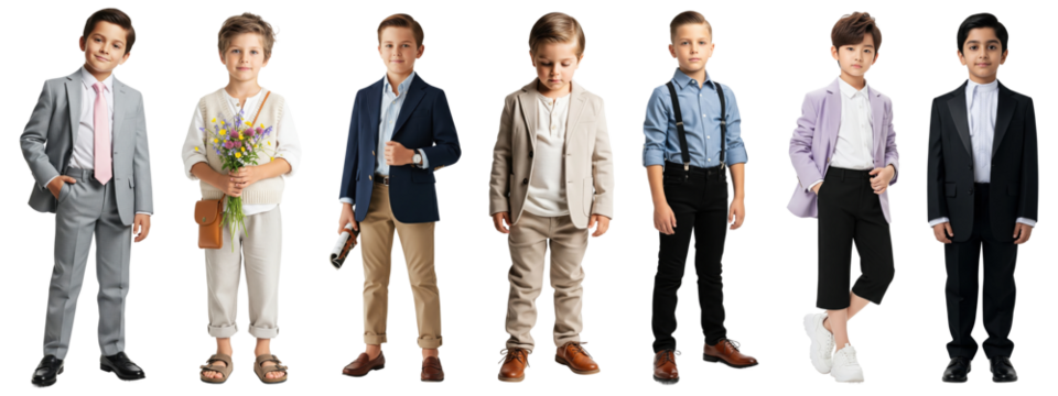 Group of boys dressed in stylish formal and semi-formal outfits, including suits, blazers, suspenders, and casual smart wear, holding props like flowers and sunglasses