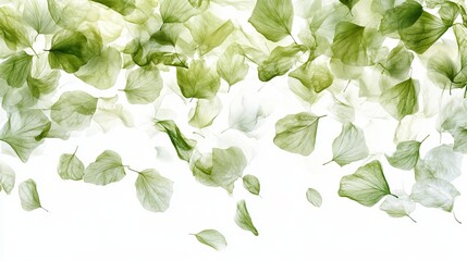 Delicate green petals gently falling on a pristine white background, creating a serene and ethereal atmosphere