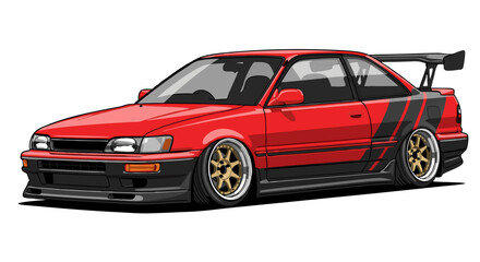 Obraz premium Red Sports Car With Gold Wheels And Black Stripe Pixel Art Style Illustration