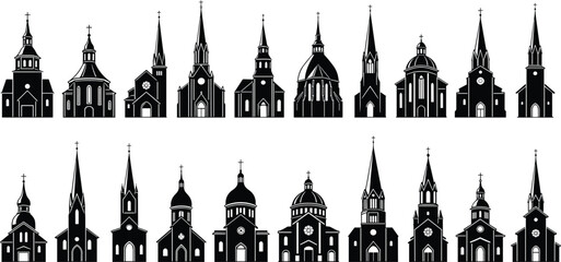 Set of black church building silhouettes, vector icons of religious architecture, cathedral and chapel designs, Christian church symbols, isolated vector illustrations for digital use