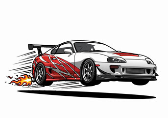 White And Red Pixel Art Sports Car Drifting Illustration