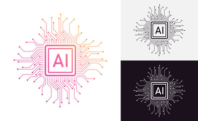 Set of Artificial Intelligence AI Icons and Logos. Icons of Machine Learning, Neural Networks, Automation, Smart Tech, Data, Circuits, Microchips, and Digital Innovation Vector Icon Concepts